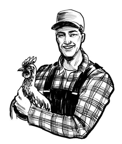 Αγρότης Που Κρατάει Κοτόπουλο Μελάνι Ασπρόμαυρο Σχέδιο — Φωτογραφία Αρχείου