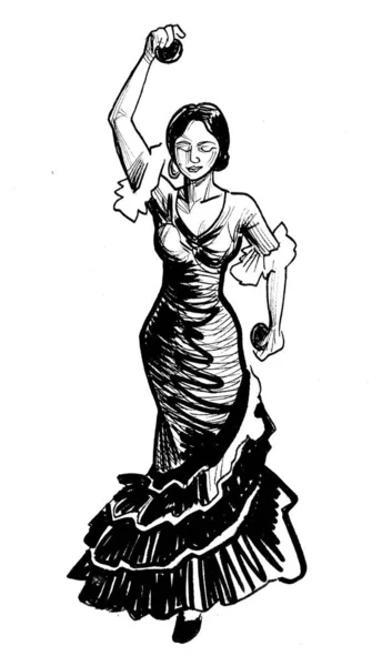 Hermosa Mujer Española Bailando Flamenco Dibujo Blanco Negro Tinta — Foto de Stock