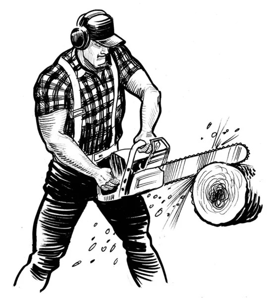 加拿大伐木工人用链锯砍树 墨水黑白画 — 图库照片