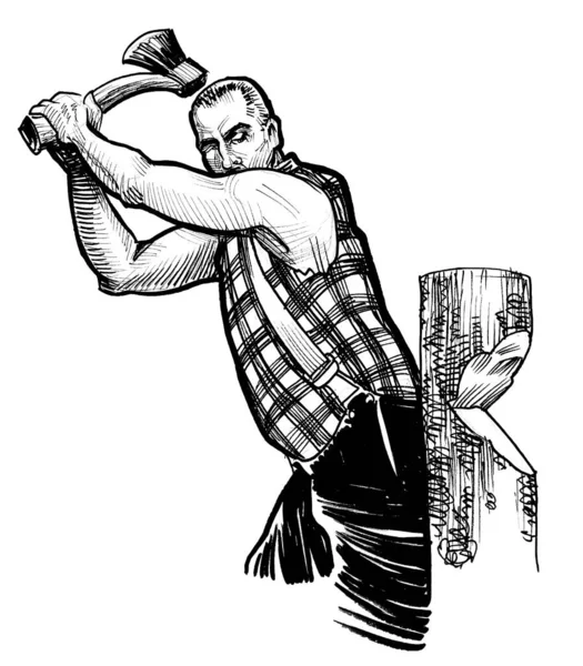 加拿大伐木工人用斧头锯木的墨 白绘图 — 图库照片