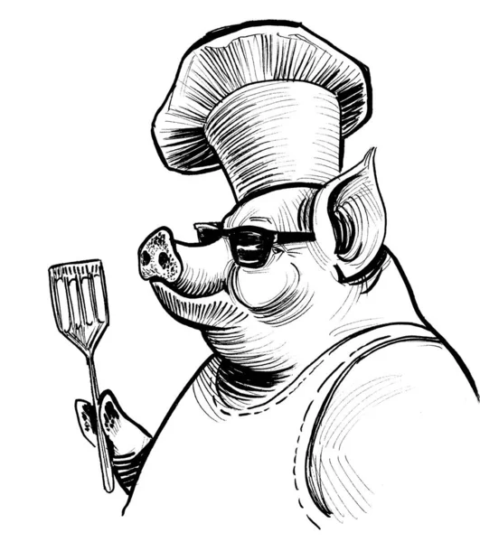 Cool Looking Pig Sunglasses Chef Hat Ink Black White Drawing — Stock Photo, Image