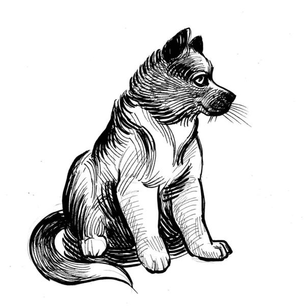 Leuke Zittende Puppy Inkt Zwart Wit Tekening — Stockfoto