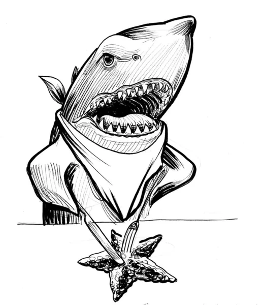 Tiburón Enojado Comiendo Estrellas Mar Dibujo Blanco Negro Tinta —  Fotos de Stock