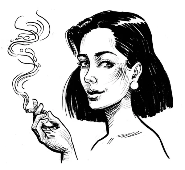 吸大麻的漂亮女人墨水黑白画 — 图库照片