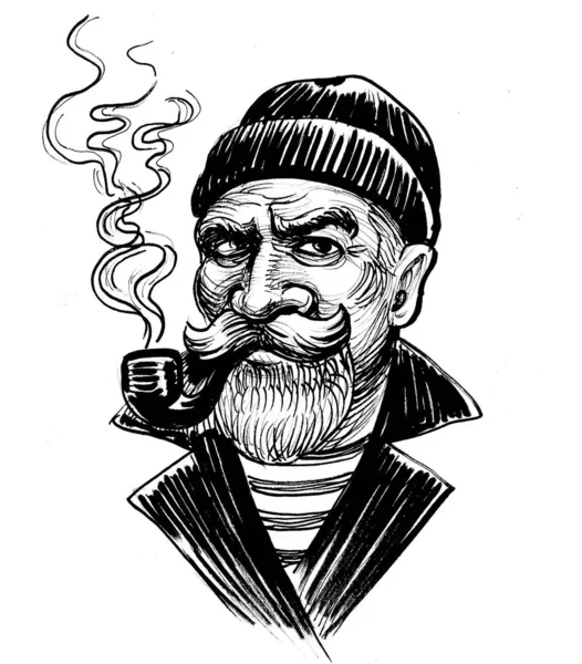 Capitaine Bord Avec Pipe Fumante Encre Dessin Noir Blanc — Photo