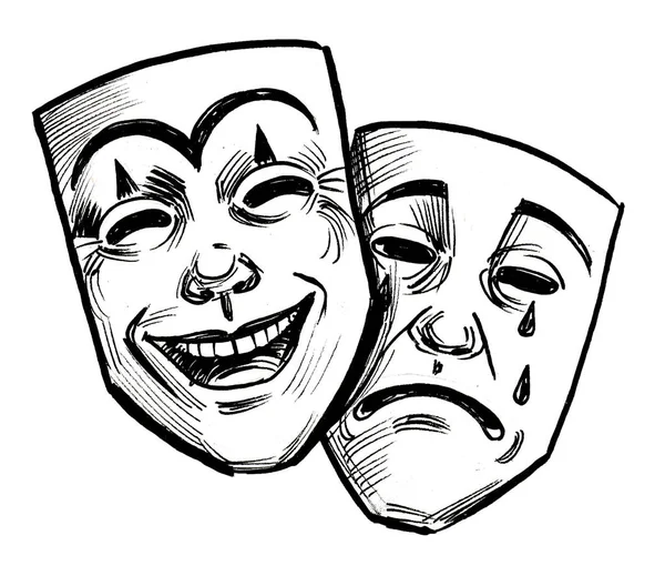 Gülen Ağlayan Tiyatro Maskeleri Mürekkep Siyah Beyaz Çizim — Stok fotoğraf