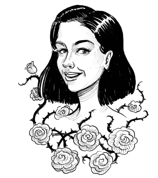 Hermosa Mujer Morena Flores Rosas Dibujo Blanco Negro Tinta — Foto de Stock