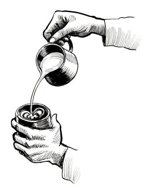 Baristas elleri bir fincan kapuçino yapıyor. Mürekkep siyah beyaz çizim