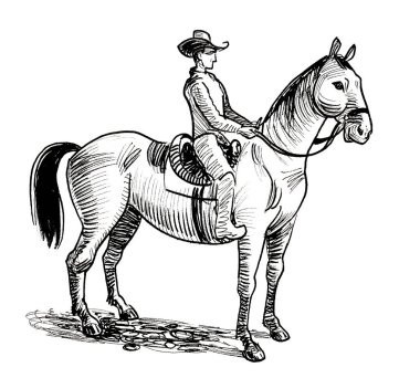 Kovboy ata biniyor. Mürekkep siyah ve beyaz.