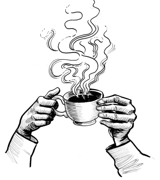Hands with a cup of coffee. Ink black and white drawing