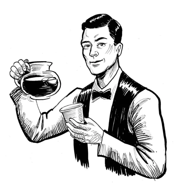 Barista Haciendo Una Taza Café Dibujo Blanco Negro Tinta —  Fotos de Stock