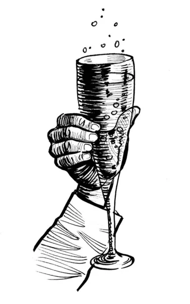 Mão Com Uma Taça Champanhe Tinta Desenho Preto Branco — Fotografia de Stock