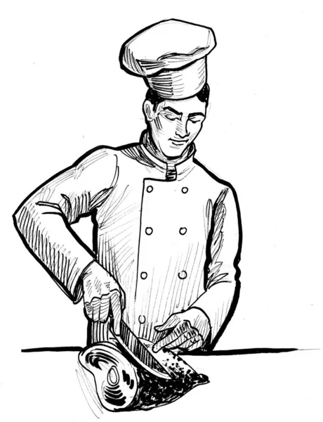 Şef bıçakla sebze kesiyor. Mürekkep siyah beyaz çizim