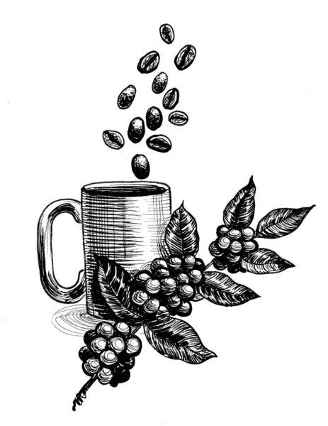 Branche Arbre Café Avec Haricots Tasse Café Encre Dessin Noir — Photo