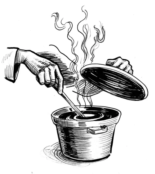 Hands Spoon Stir Soup Pan Ink Black White Draiwng — Stock Photo, Image