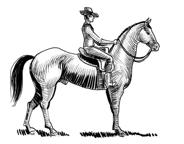 Cowboy Een Paard Inkt Zwart Wit Tekening — Stockfoto