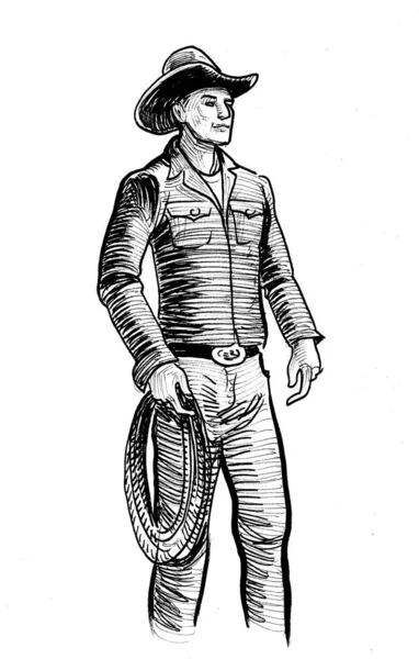 Kement Atan Bir Kovboy Mürekkep Siyah Beyaz Çizim — Stok fotoğraf