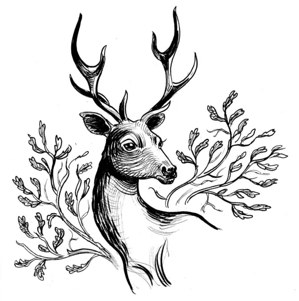 麋鹿头墨水黑白画 — 图库照片