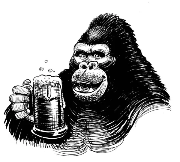 Gorila Bebiendo Una Taza Cerveza Dibujo Blanco Negro Tinta — Foto de Stock