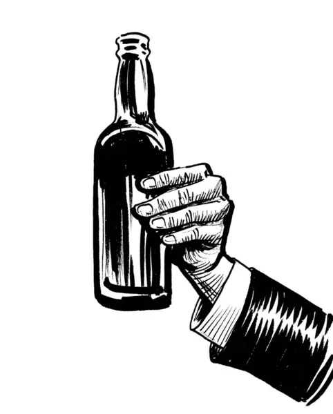 Hand Met Bierflesje Inkt Zwart Wit Tekening — Stockfoto