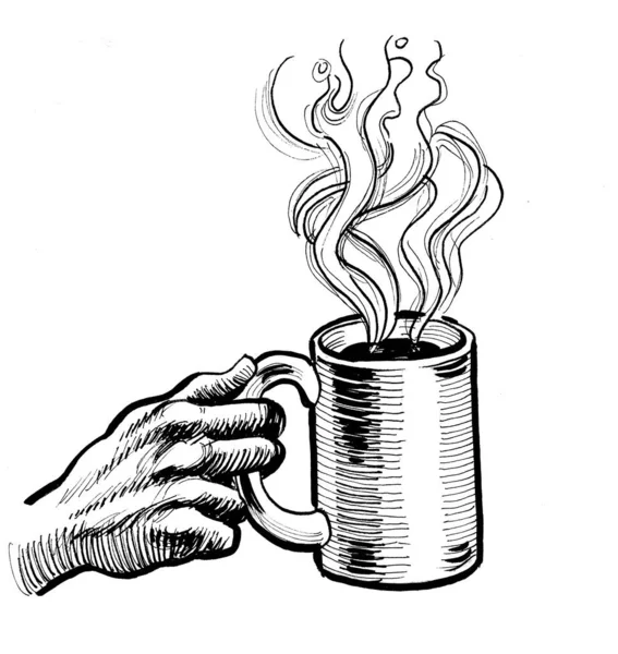 Hand Cup Coffee Ink Black White Drawing — Stock Photo, Image