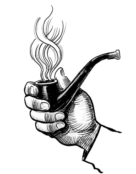 Mano Con Pipa Humeante Dibujo Blanco Negro Tinta — Foto de Stock