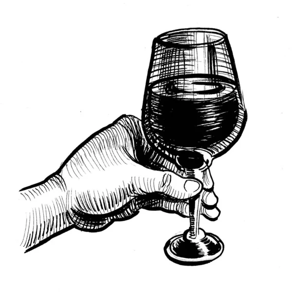 Bir Bardak Şarapla Ele Mürekkep Siyah Beyaz Çizim — Stok fotoğraf