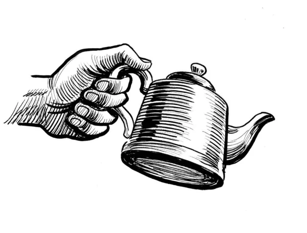Hand with a tea pot. Ink black and white drawing