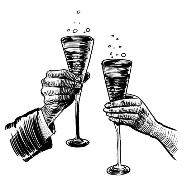 Şampanya kadehli eller. Mürekkep siyah beyaz çizim