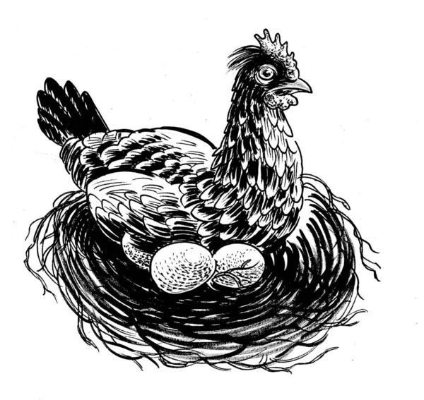 Hen Nest Eggs Ink Black White Drawing — Stock Photo, Image