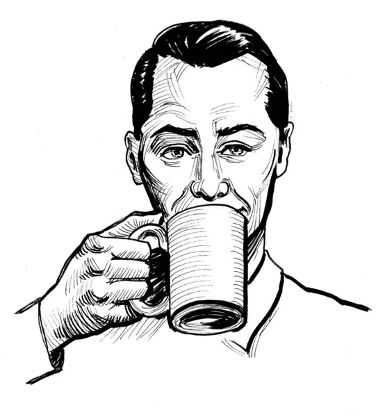 Muž Pije Šálek Kávy Černobílá Kresba Inkoustu — Stock fotografie