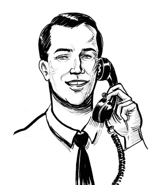 Homem Falar Por Telefone Retro Tinta Desenho Preto Branco — Fotografia de Stock