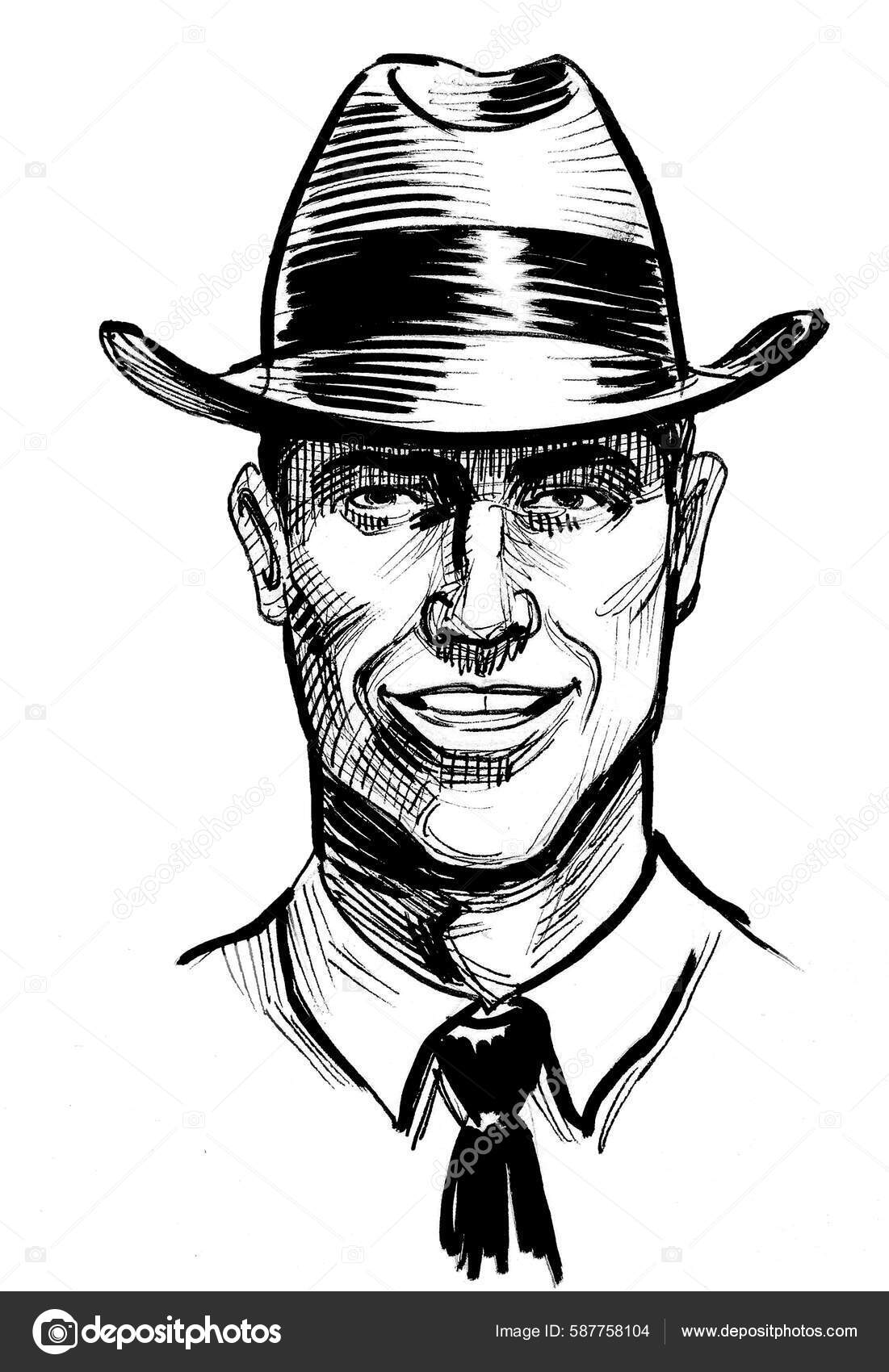 Kjekk Mann Med Hatt Blekk Svart Hvit Tegning – stockillustrasjon ©  alexblacksea #587758104, image size:1101x1700