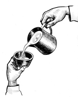 Baristaların elleri kahve yapıyor. Mürekkep siyah beyaz çizim