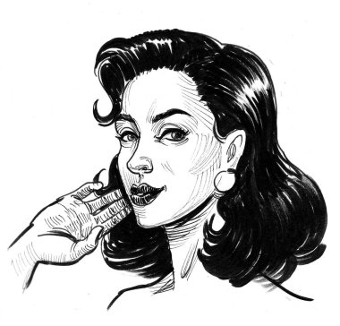 Güzel kadın yüzü. Mürekkep siyah beyaz çizim