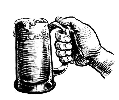 Bir kupa birayla el ele. Mürekkep siyah beyaz çizim