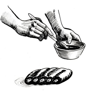 Eller barbekü yapıyor. Mürekkep siyah beyaz çizim