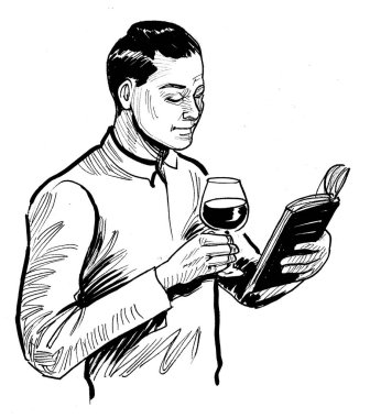 Man drinking a glass of wine and reading a book. Ink black and white drawing