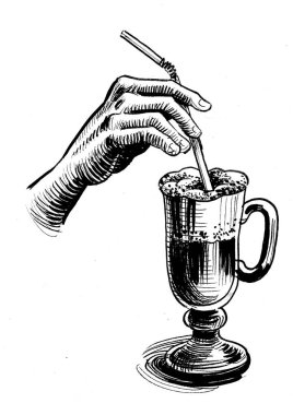 Hand with straw and cup of milk shake. Ink black and white drawing