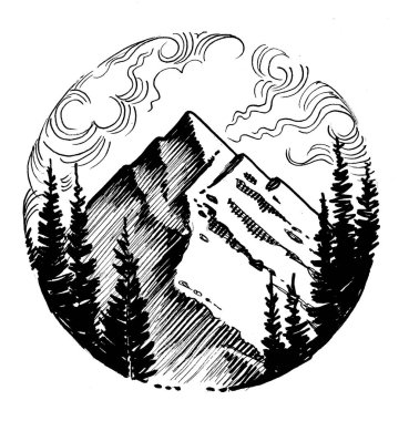 Dağ zirvesi ve orman. Mürekkep siyah beyaz çizim