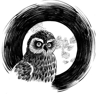 Owl bird and the full moon. Ink black and white drawing
