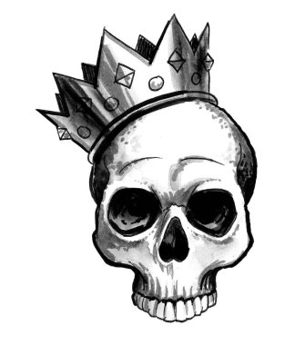 Human skull and crown. Ink black and white drawing