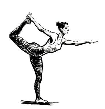 Yoga yapan güzel bir kadın. Mürekkep siyah beyaz çizim