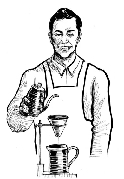 Barista Csinál Egy Csésze Kávét Tinta Fekete Fehér Rajz — Stock Fotó