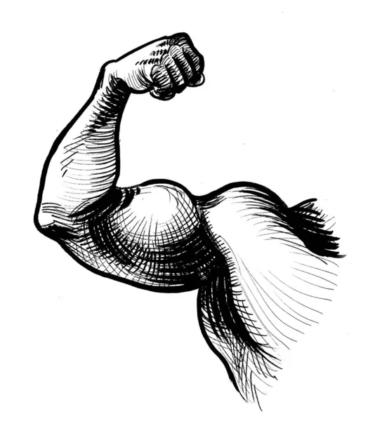 Ręka Napinająca Silne Bicepsy Czarno Biały Rysunek Atramentu — Zdjęcie stockowe