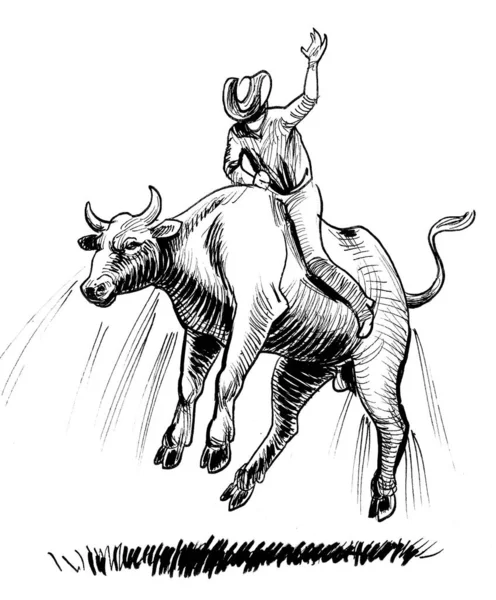 Cowboy Jazda Byka Atrament Czarno Biały Rysunek — Zdjęcie stockowe