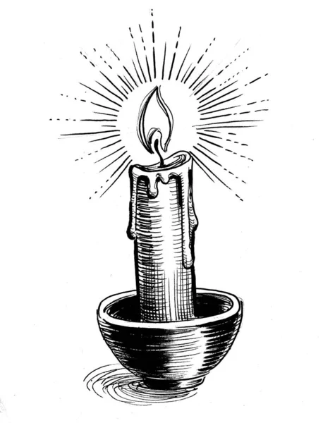 Burning Candle Ink Black White Drawing — Stock Photo, Image