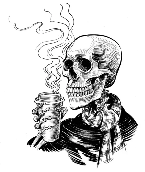 Ludzki Szkielet Pijący Kawę Czarno Biały Rysunek Atramentu — Zdjęcie stockowe