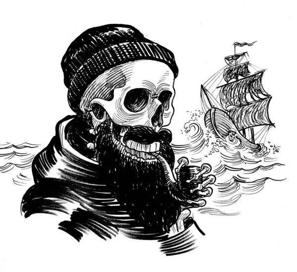 Mrtvý Námořník Kouří Dýmku Černobílá Kresba Inkoustu — Stock fotografie