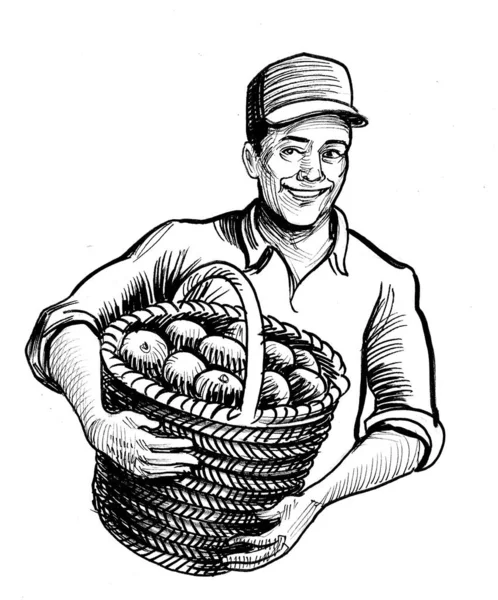 Agricultor Con Una Cesta Manzanas Dibujo Blanco Negro Tinta —  Fotos de Stock